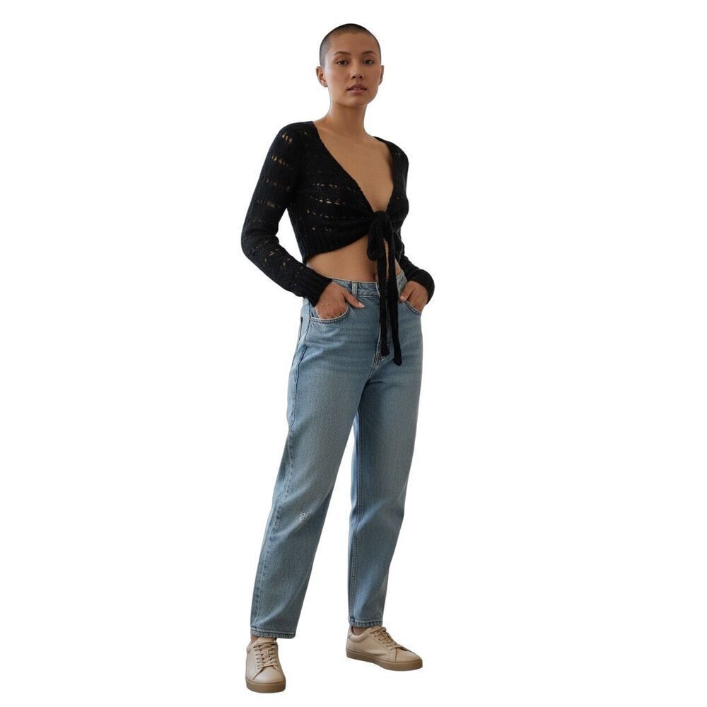 Crochet Cropped Cardigan Long Sleeve Tie Front M